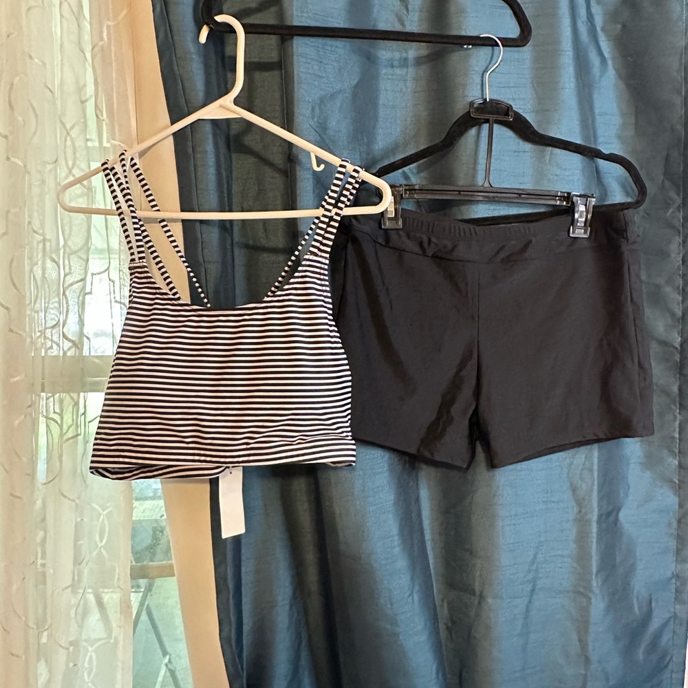 Holipick Striped Black & White Crop Tank with Black Swim Shorts